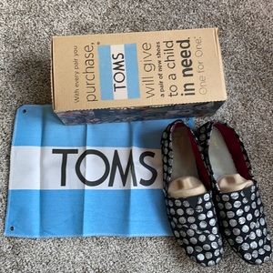 Toms silver and black polka dot slip on, size 10